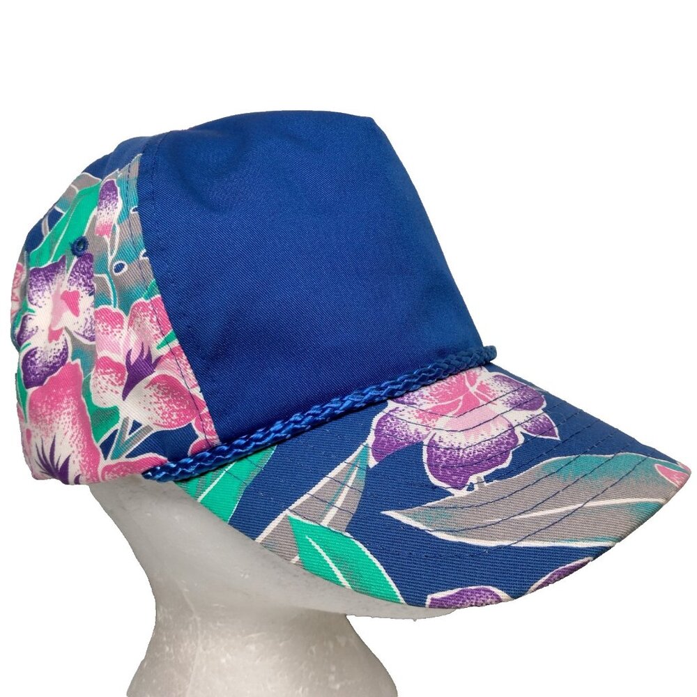 Vintage Nissin Cap Hat Tropical Flowers Aloha Hawaiian Blue Pink Canvas Beach
